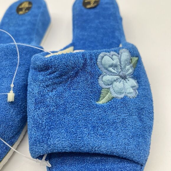 VTG 2 Pairs of 1980s Blue/Cream Terry Cloth Slippers w/Floral Applique NOS-Sz 7 - Picture 3 of 8